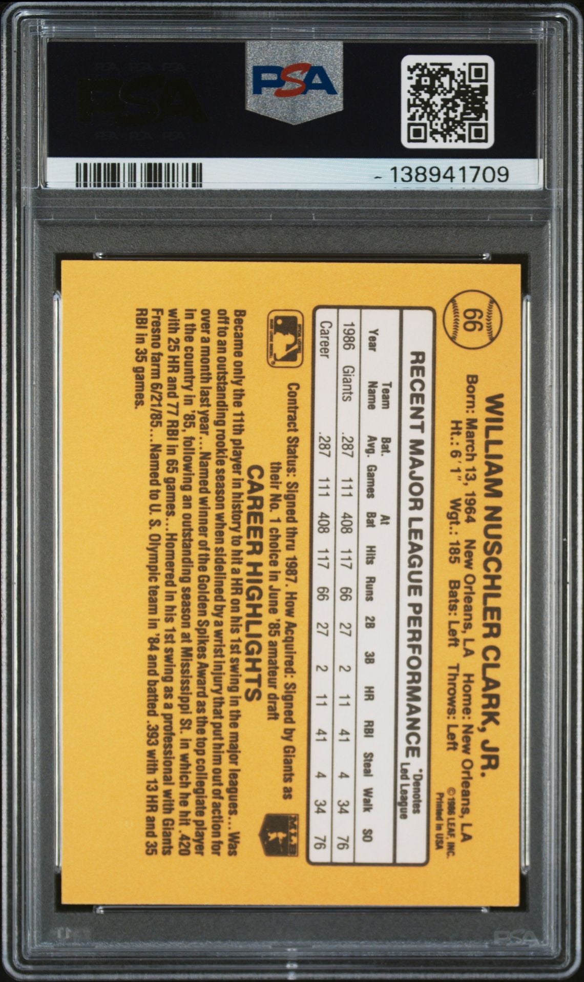 Will Clark 1987 Donruss San Francisco Giants Signed Baseball RC Rookie Card #66 PSA 8 Auto 10 Cert #138941709-Powers Sports Memorabilia