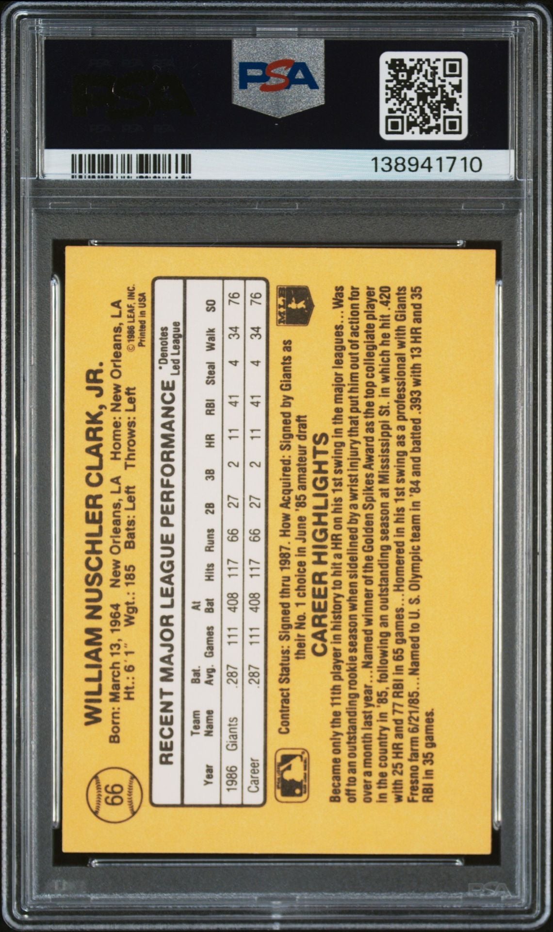Will Clark 1987 Donruss San Francisco Giants Signed Baseball RC Rookie Card #66 PSA 9 Auto 10 Cert #138941710-Powers Sports Memorabilia