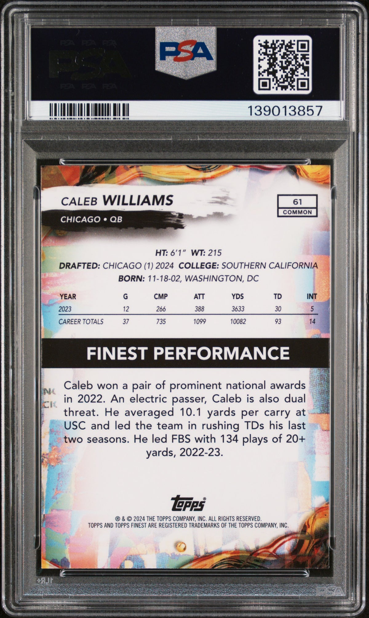 Caleb Williams 2024 Topps Finest Rookie Card #61 PSA 10