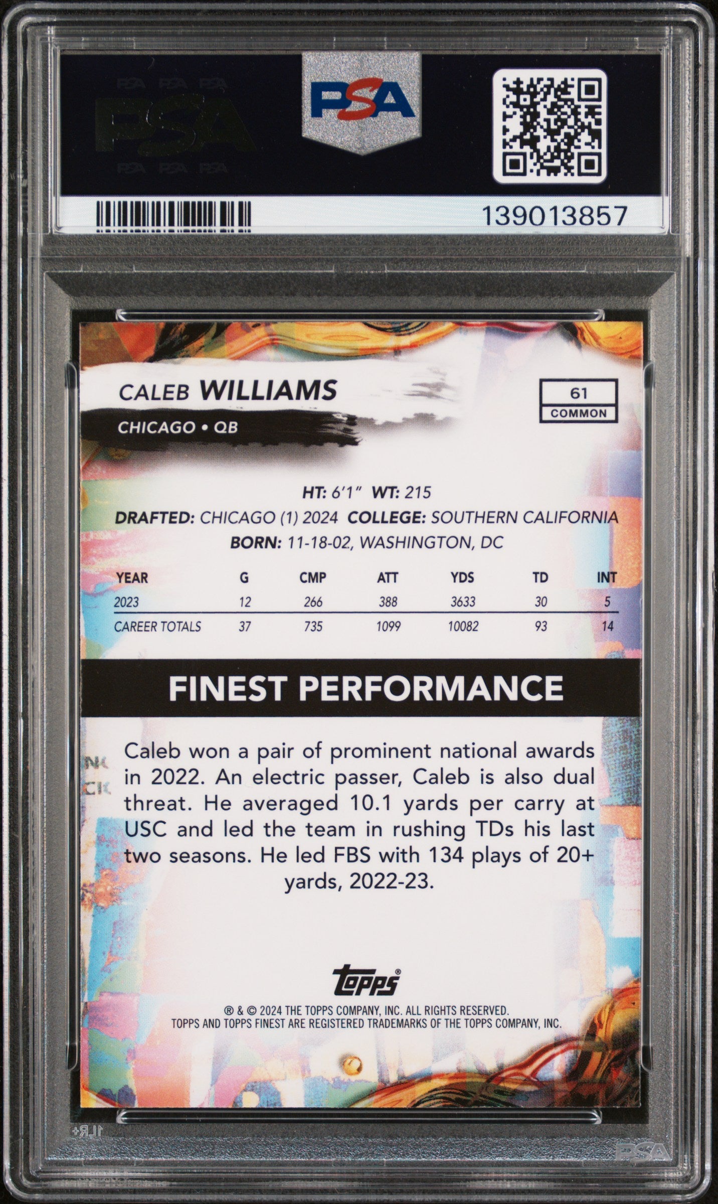 Caleb Williams 2024 Topps Finest Rookie Card #61 PSA 10-Powers Sports Memorabilia