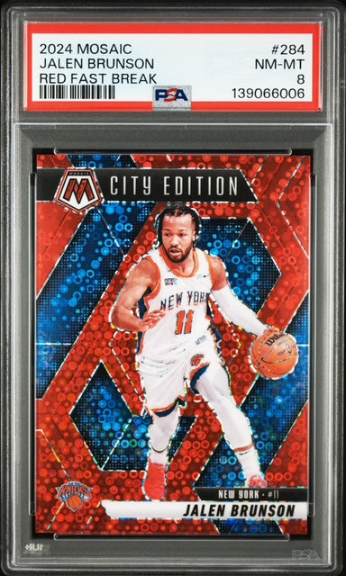 Jalen Brunson 2024 Panini Mosaic Red Fast Break City Edition New York Knicks Basketball Card #284 3/99 Graded PSA 8 Cert #139066006