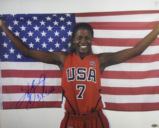 Sheryl Swoopes Autographed 16x20 Photo Team USA Olympics w/ US Flag 3X Gold - Leaf Authentics (WNBA Basketball)-Powers Sports Memorabilia