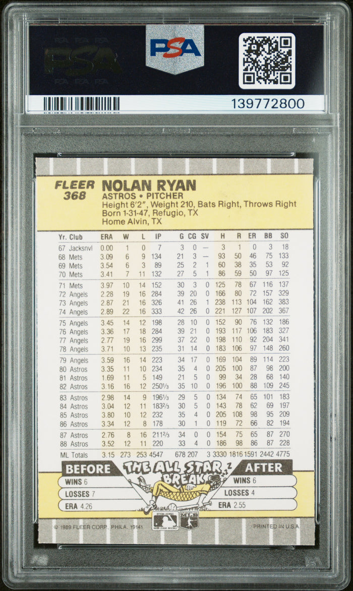 Nolan Ryan 1989 Fleer Houston Astros Baseball Card #368 Graded PSA 10 Cert #139772800-Powers Sports Memorabilia