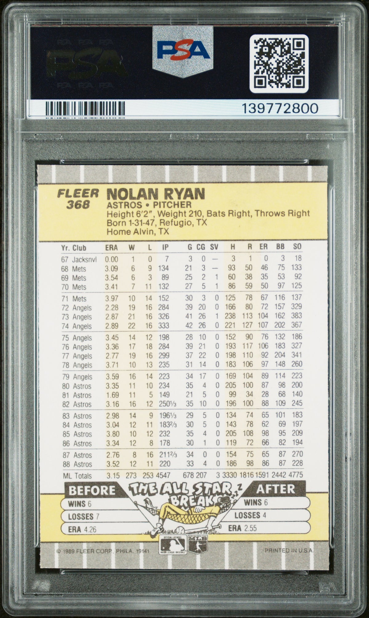 Nolan Ryan 1989 Fleer Houston Astros Baseball Card #368 Graded PSA 10 Cert #139772800-Powers Sports Memorabilia