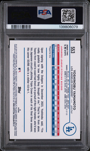 Yoshinobu Yamamoto 2024 Topps Los Angeles Dodgers Baseball RC Rookie Card #553 Graded PSA 10 Cert #139806079-Powers Sports Memorabilia