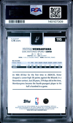 Victor Wembanyama 2025 Topps San Antonio Spurs Basketball Card #195 Graded PSA 10 Cert #140107309