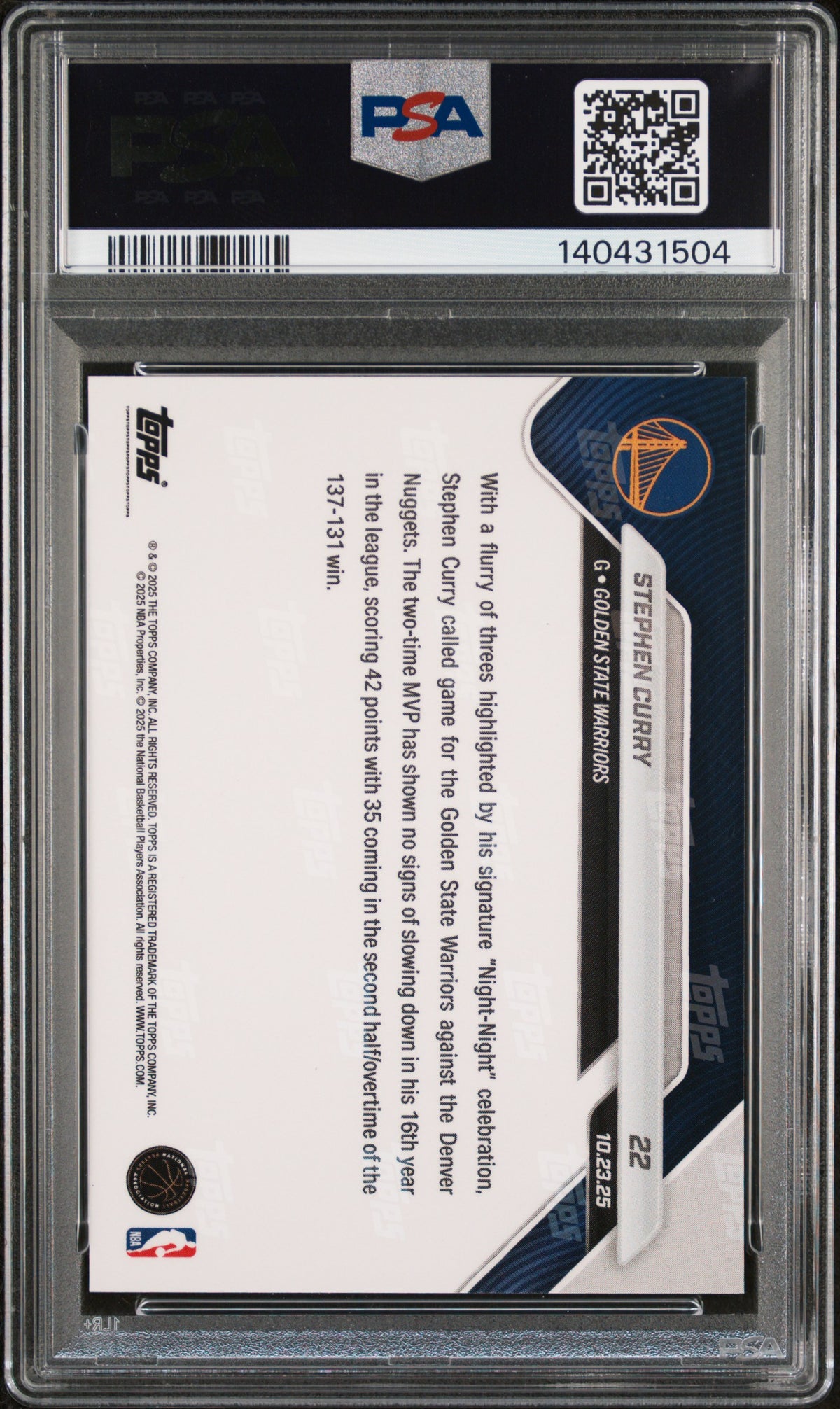 Stephen Curry 2025 Topps Now Golden State Warriors Basketball Card #22 Graded PSA 10 Cert #140431504-Powers Sports Memorabilia
