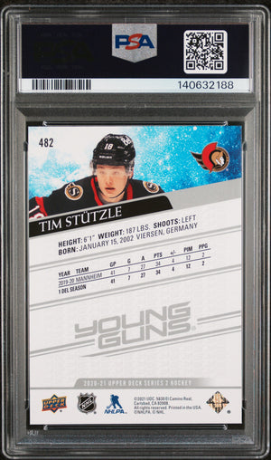 Tim Stutzle 2020 Upper Deck Young Guns Ottawa Senators Hockey RC Rookie Card #482 Graded PSA 10 Cert #140632188-Powers Sports Memorabilia