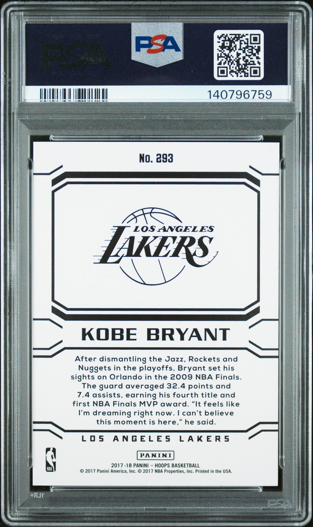 Kobe Bryant 2017 Panini Hoops Career Tribute Card 293 PSA 10-Powers Sports Memorabilia