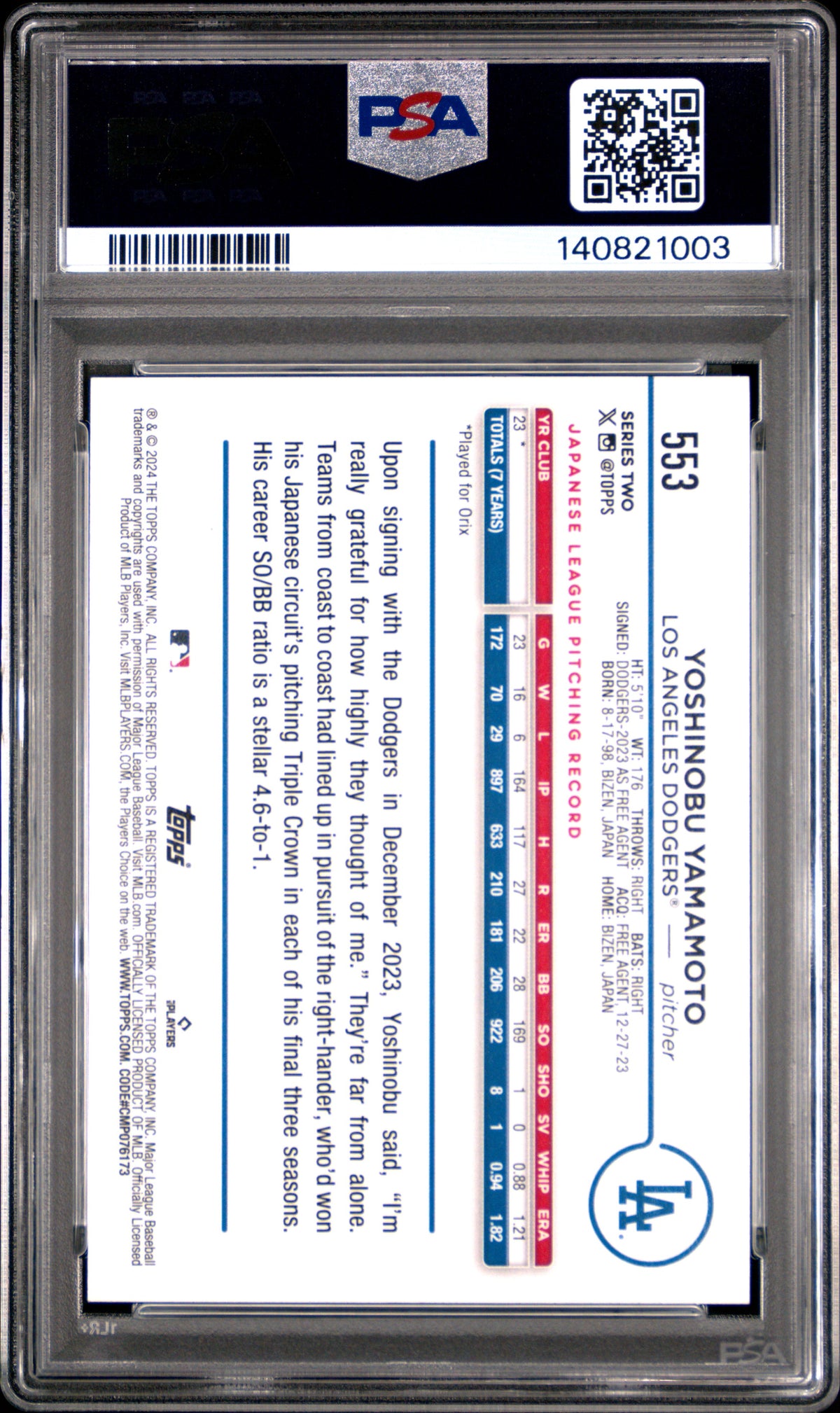 Yoshinobu Yamamoto 2024 Topps Royal Blue RC Rookie Card #553 PSA 8