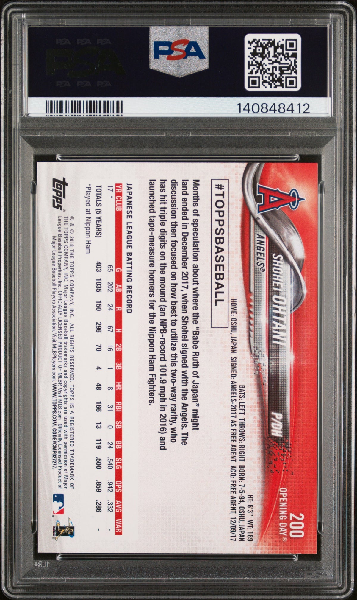 Shohei Ohtani 2018 Topps Opening Day Los Angeles Angels Baseball Rookie Card #200 Graded PSA 9 Cert #140848412-Powers Sports Memorabilia