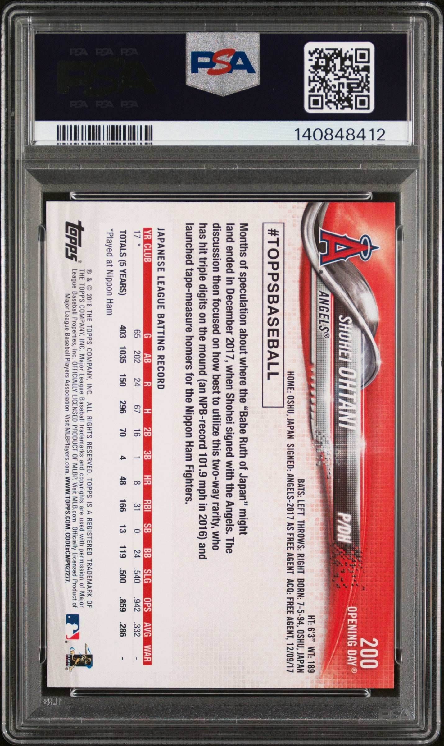 Shohei Ohtani 2018 Topps Opening Day Los Angeles Angels Baseball Rookie Card #200 Graded PSA 9 Cert #140848412-Powers Sports Memorabilia