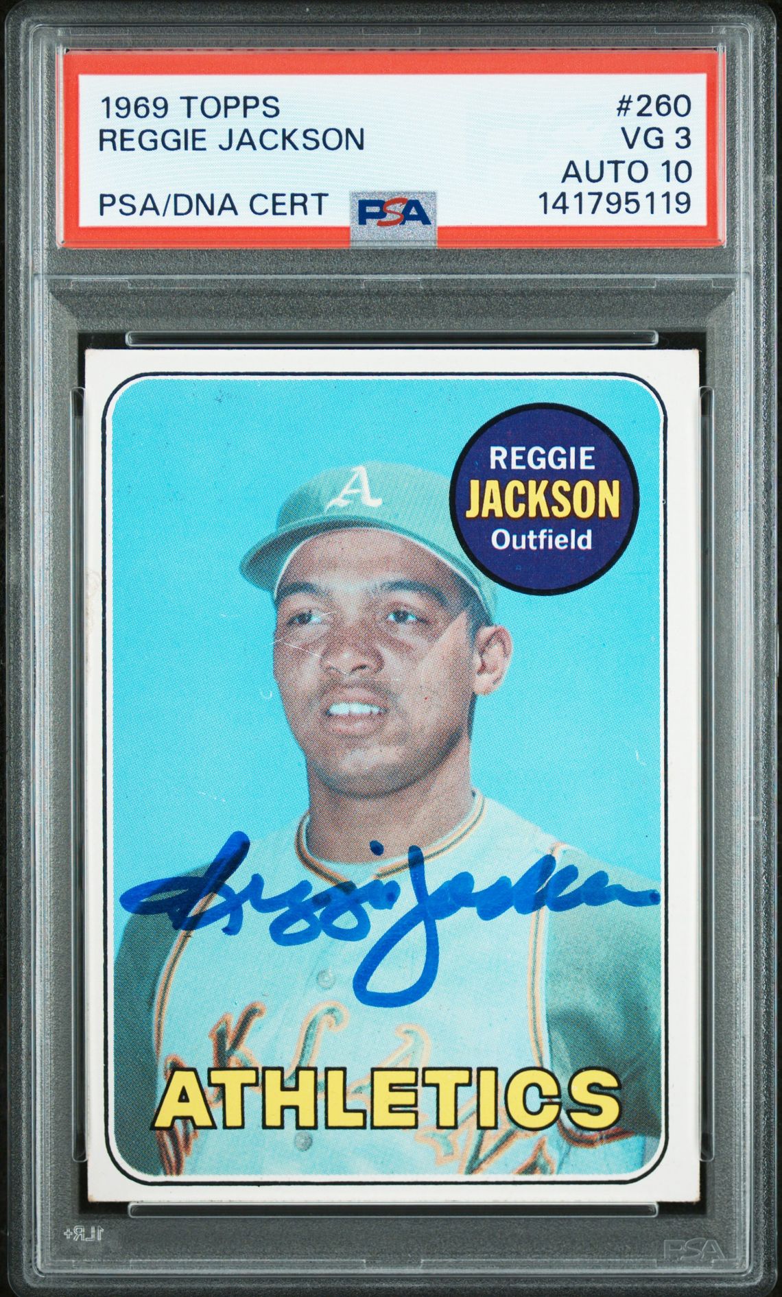 Reggie Jackson 1969 Topps Signed Baseball Rookie Card #260 Graded PSA 3 Auto 10 Cert #141795119-Powers Sports Memorabilia