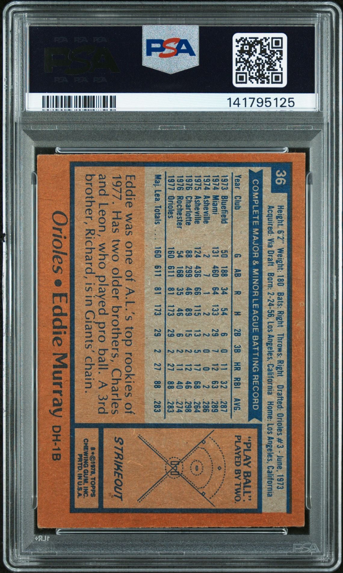 Eddie Murray 1978 Topps Signed Baseball Rookie Card #36 Graded PSA 6 Auto 10 Cert #141795125-Powers Sports Memorabilia