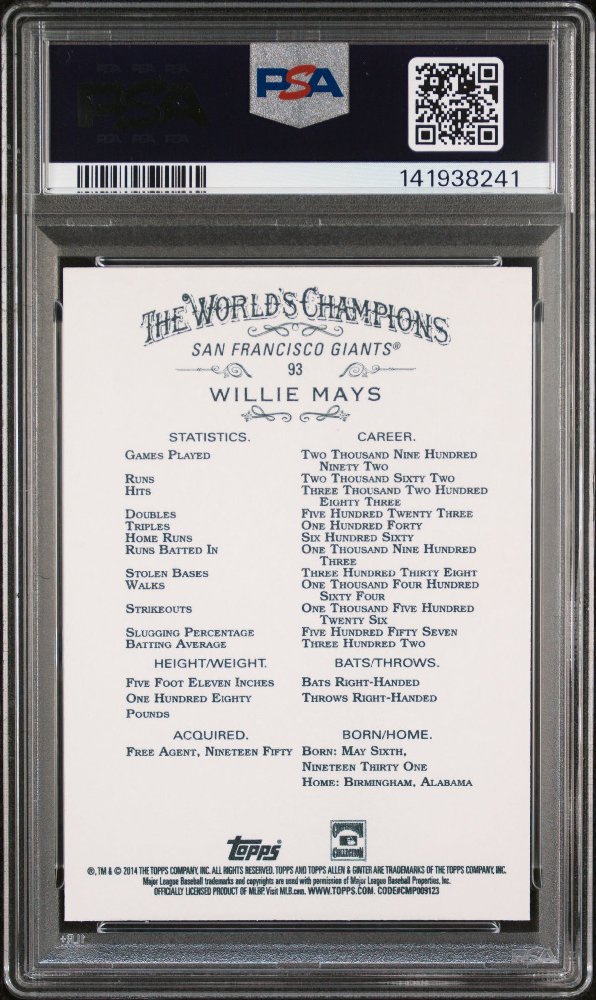 Willie Mays 2014 Topps Allen & Ginter San Francisco Giants Baseball Card #93 Graded PSA 10 Cert #141938241-Powers Sports Memorabilia