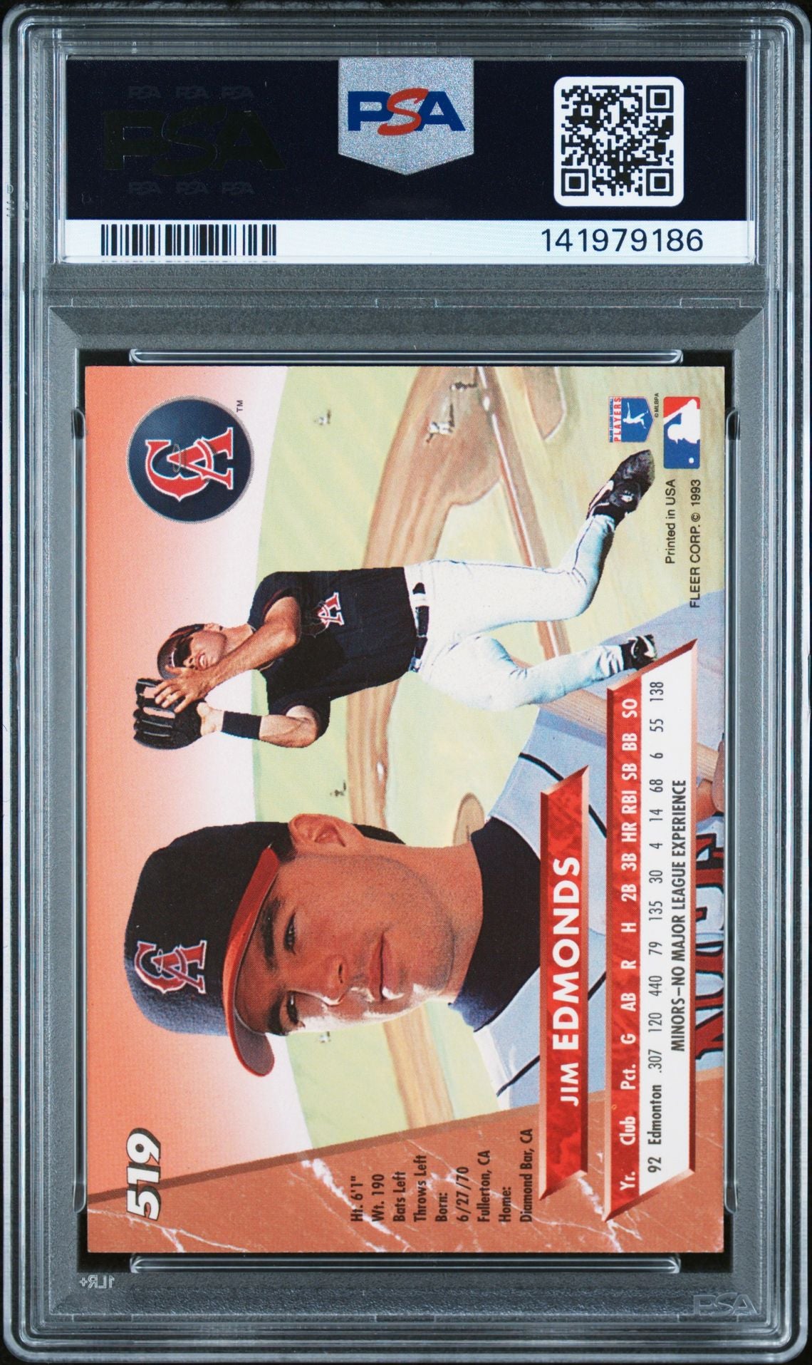 Jim Edmonds 1993 Fleer Ultra Signed Baseball Rookie Card #519 Graded PSA 8 Auto 10 Cert #141979186-Powers Sports Memorabilia