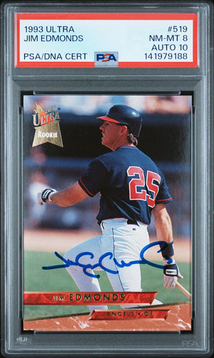 Jim Edmonds 1993 Fleer Ultra Signed Baseball Rookie Card #519 Graded PSA 8 Auto 10 Cert #141979188-Powers Sports Memorabilia