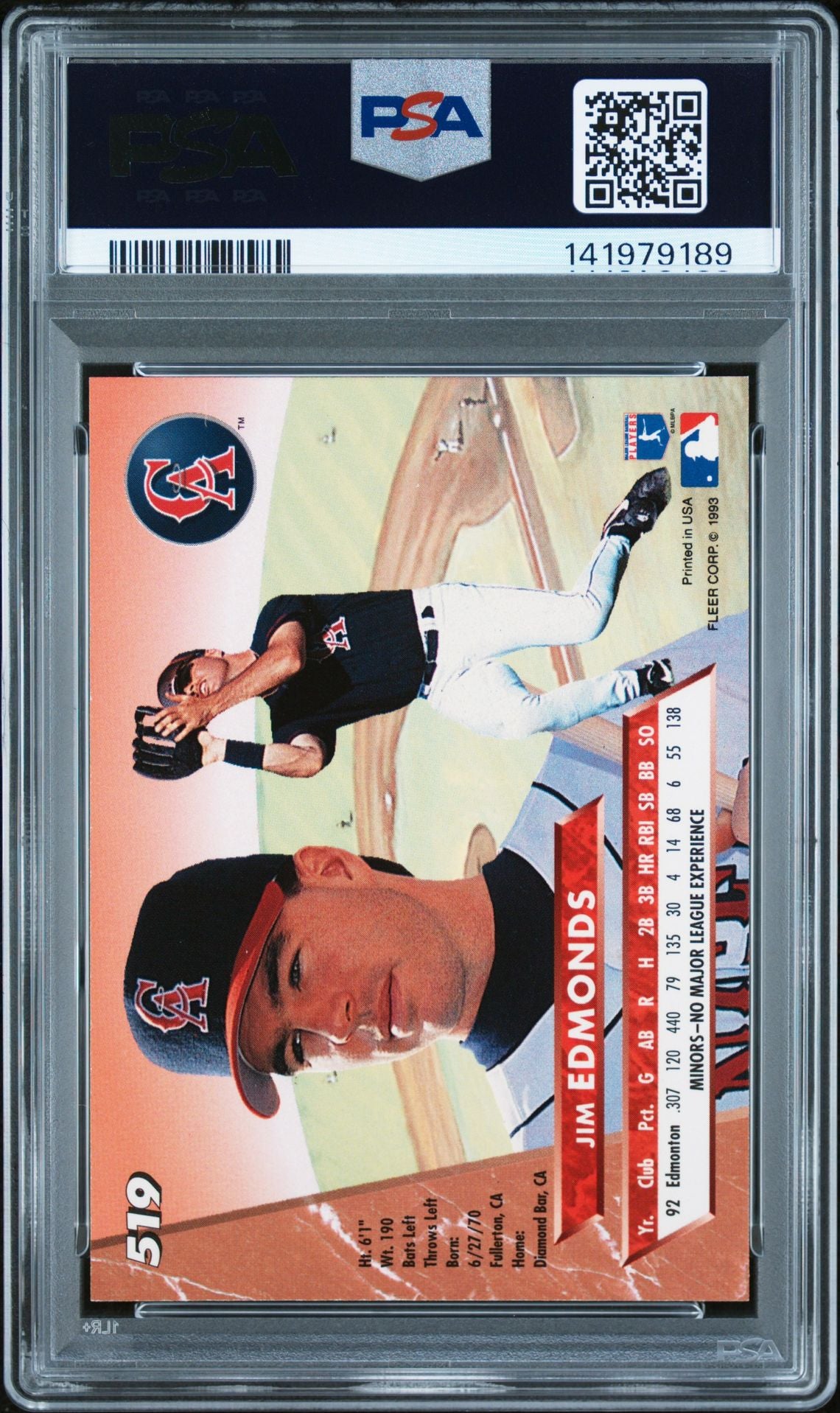 Jim Edmonds 1993 Fleer Ultra Signed Baseball Rookie Card #519 Graded PSA 7 Auto 10 Cert #141979189-Powers Sports Memorabilia