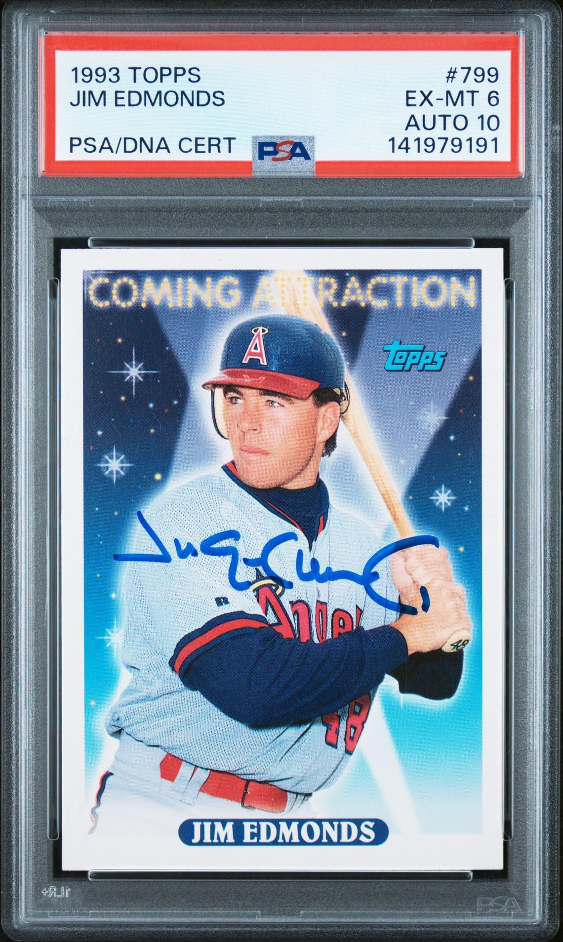 Jim Edmonds 1993 Topps Signed Baseball Rookie Card #799 Graded PSA 6 Auto 10 Cert #141979191-Powers Sports Memorabilia