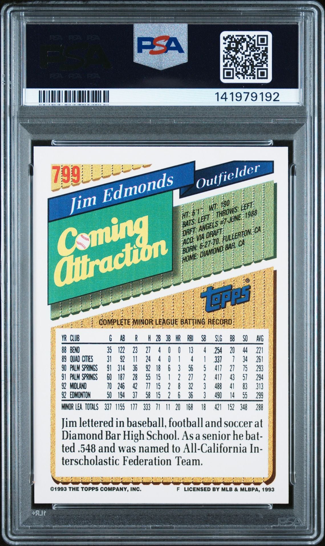 Jim Edmonds 1993 Topps Signed Baseball Rookie Card #799 Graded PSA 9 Auto 10 Cert #141979192-Powers Sports Memorabilia