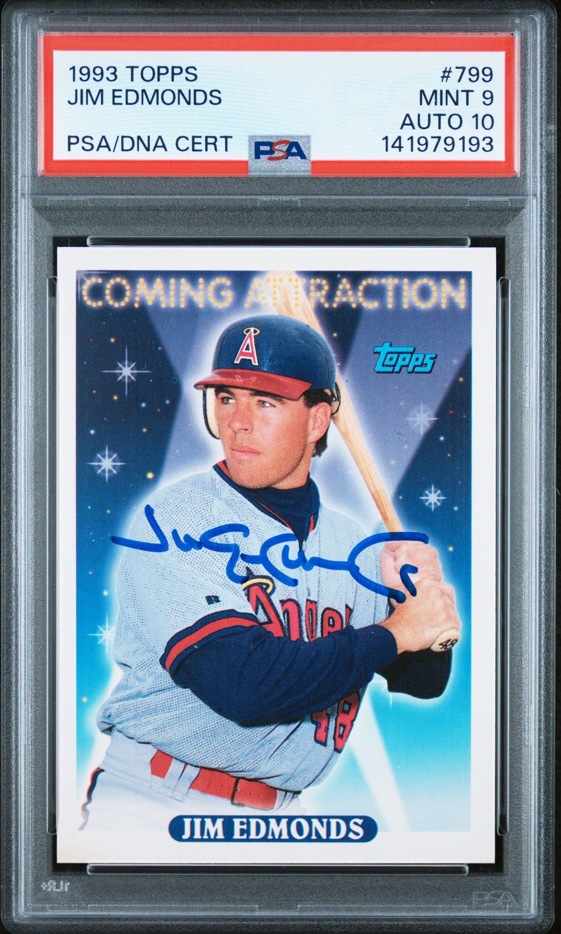 Jim Edmonds 1993 Topps Signed Baseball Rookie Card #799 Graded PSA 9 Auto 10 Cert #141979193-Powers Sports Memorabilia