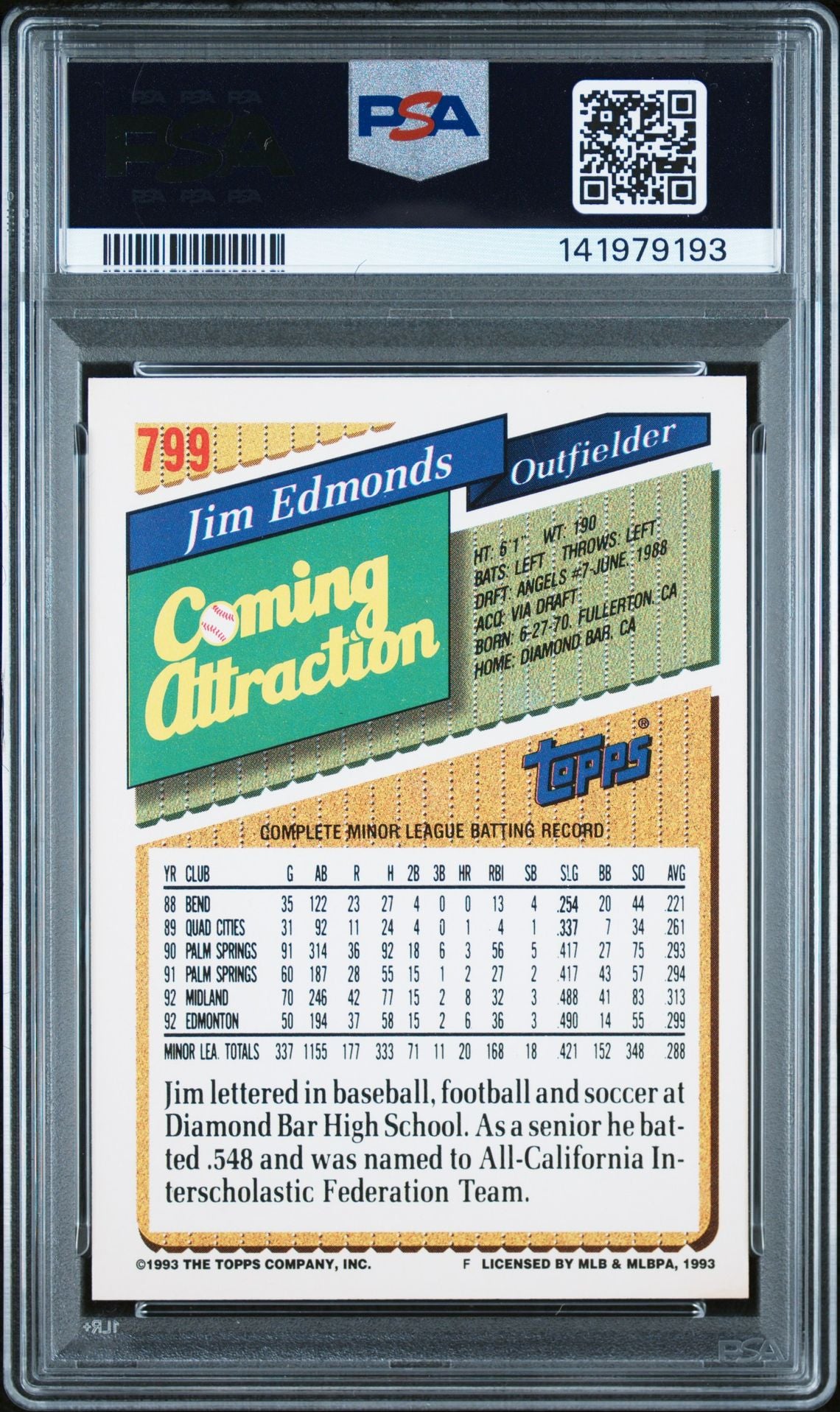 Jim Edmonds 1993 Topps Signed Baseball Rookie Card #799 Graded PSA 9 Auto 10 Cert #141979193-Powers Sports Memorabilia