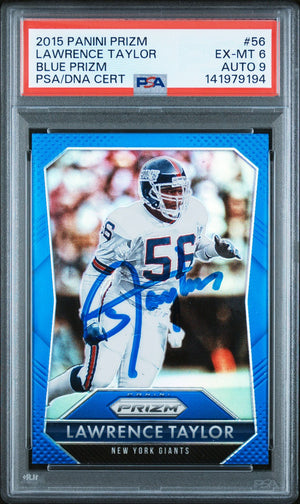 Lawrence Taylor 2015 Panini Prizm Blue Signed Football Card #56 Graded PSA 6 Auto 9 Cert #141979194-Powers Sports Memorabilia
