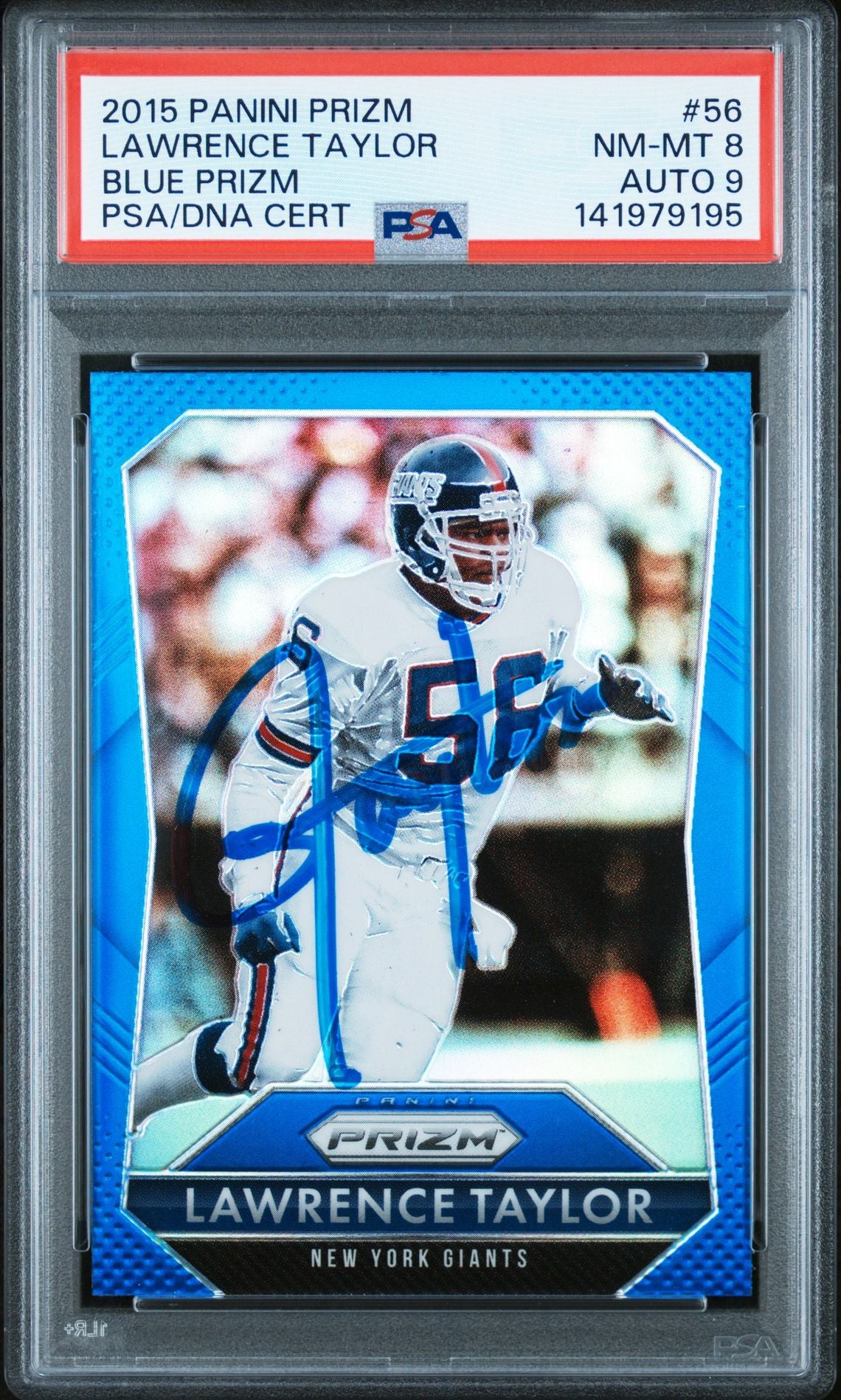Lawrence Taylor 2015 Panini Prizm Blue Signed Football Card #56 Graded PSA 8 Auto 9 Cert #141979195-Powers Sports Memorabilia