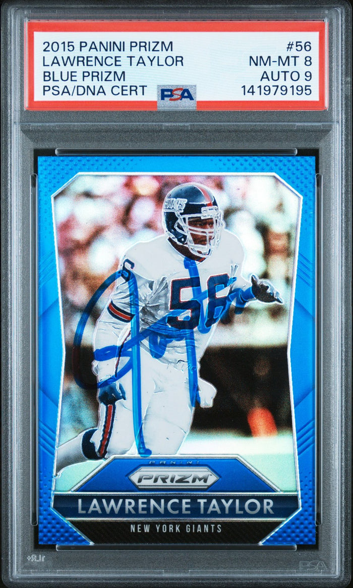 Lawrence Taylor 2015 Panini Prizm Blue Signed Football Card #56 Graded PSA 8 Auto 9 Cert #141979195-Powers Sports Memorabilia