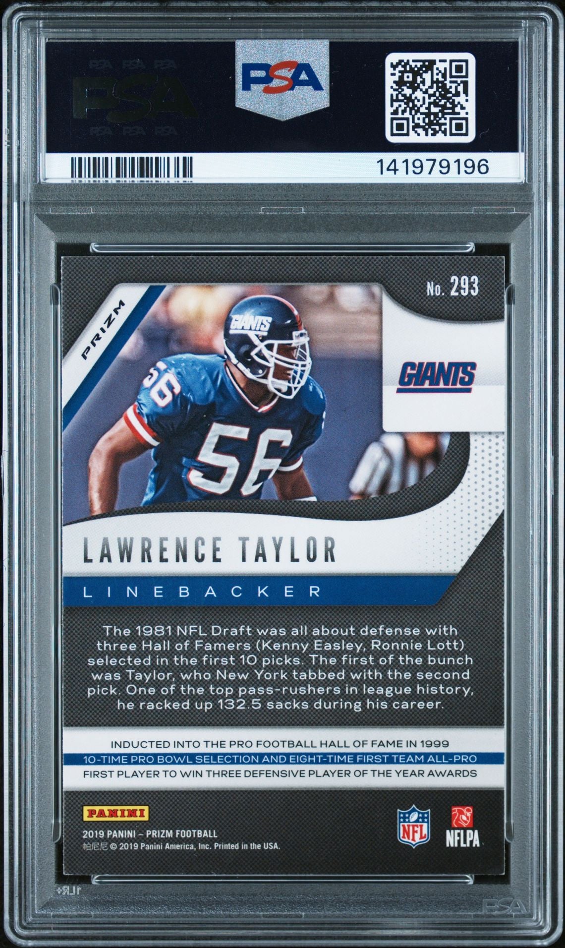 Lawrence Taylor 2019 Panini Prizm Red White Blue Signed Football Card #293 Graded PSA 7 Auto 9 Cert #141979196-Powers Sports Memorabilia