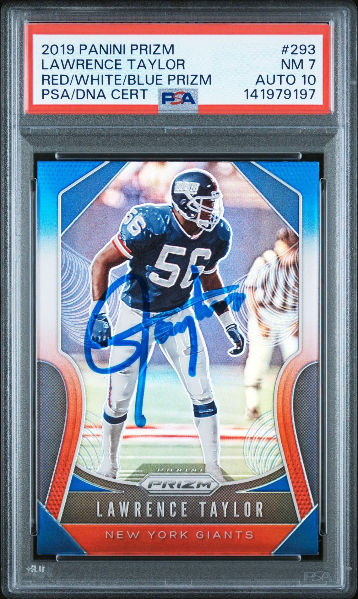 Lawrence Taylor 2019 Panini Prizm Red White Blue Signed Football Card #293 Graded PSA 7 Auto 10 Cert #141979197-Powers Sports Memorabilia