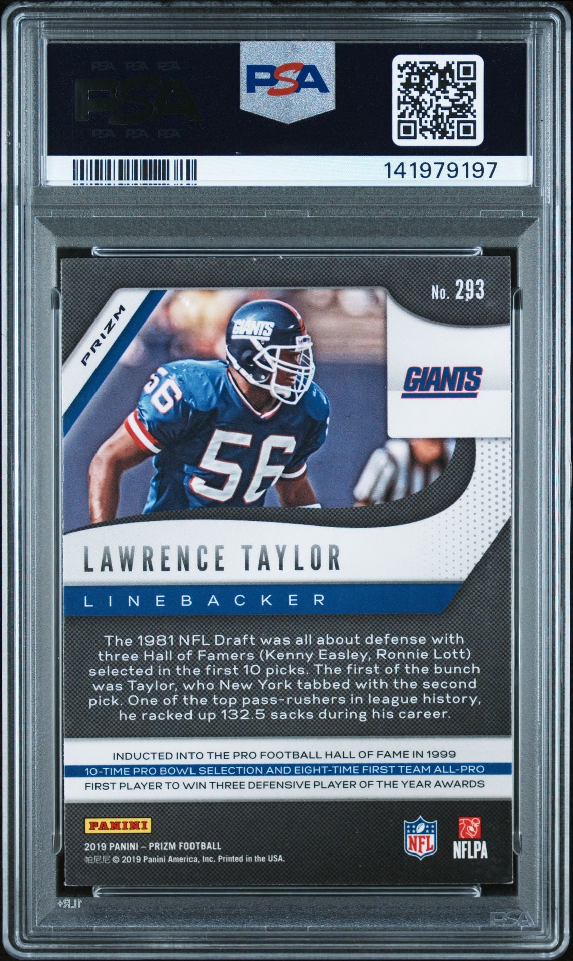Lawrence Taylor 2019 Panini Prizm Red White Blue Signed Football Card #293 Graded PSA 7 Auto 10 Cert #141979197-Powers Sports Memorabilia