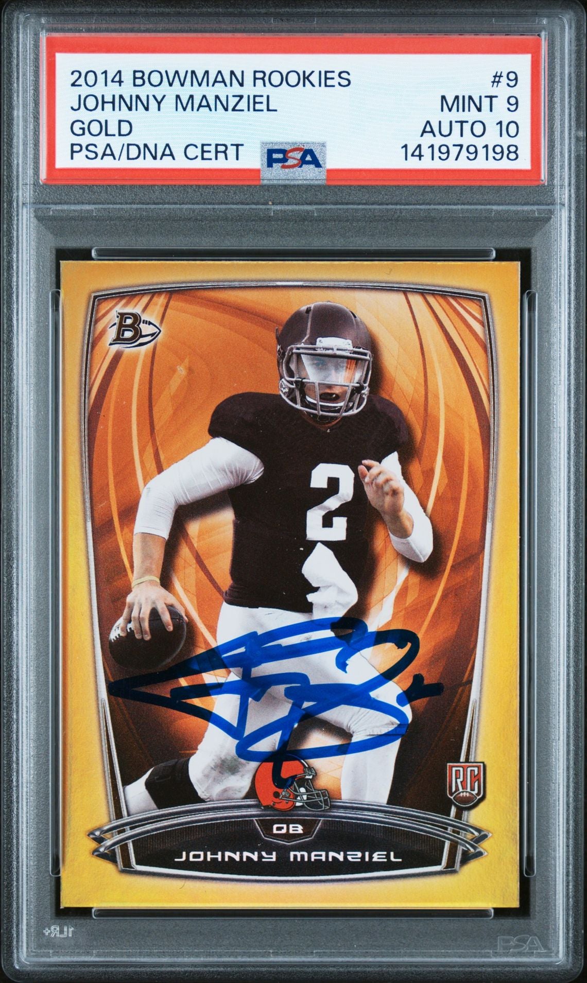 Johnny Manziel 2014 Bowman Rookies Gold Signed Football Rookie Card #9 Graded PSA 9 Auto 10 Cert #141979198 Serial #111/399-Powers Sports Memorabilia