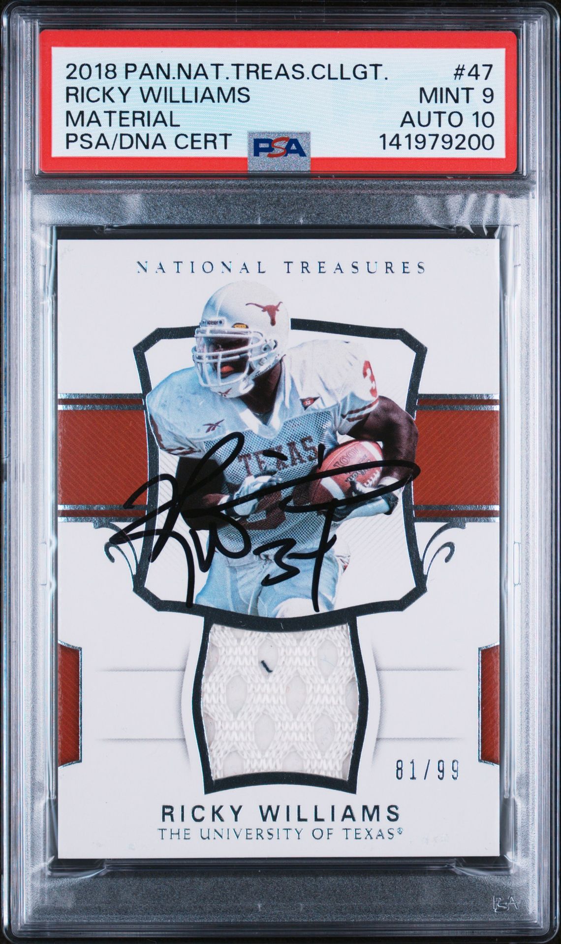 Ricky Williams 2018 Panini National Treasures Collegiate Material Game Used Jersey Patch Signed Football Card #47 Graded PSA 9 Auto 10 Cert #141979200 Serial #61/99-Powers Sports Memorabilia