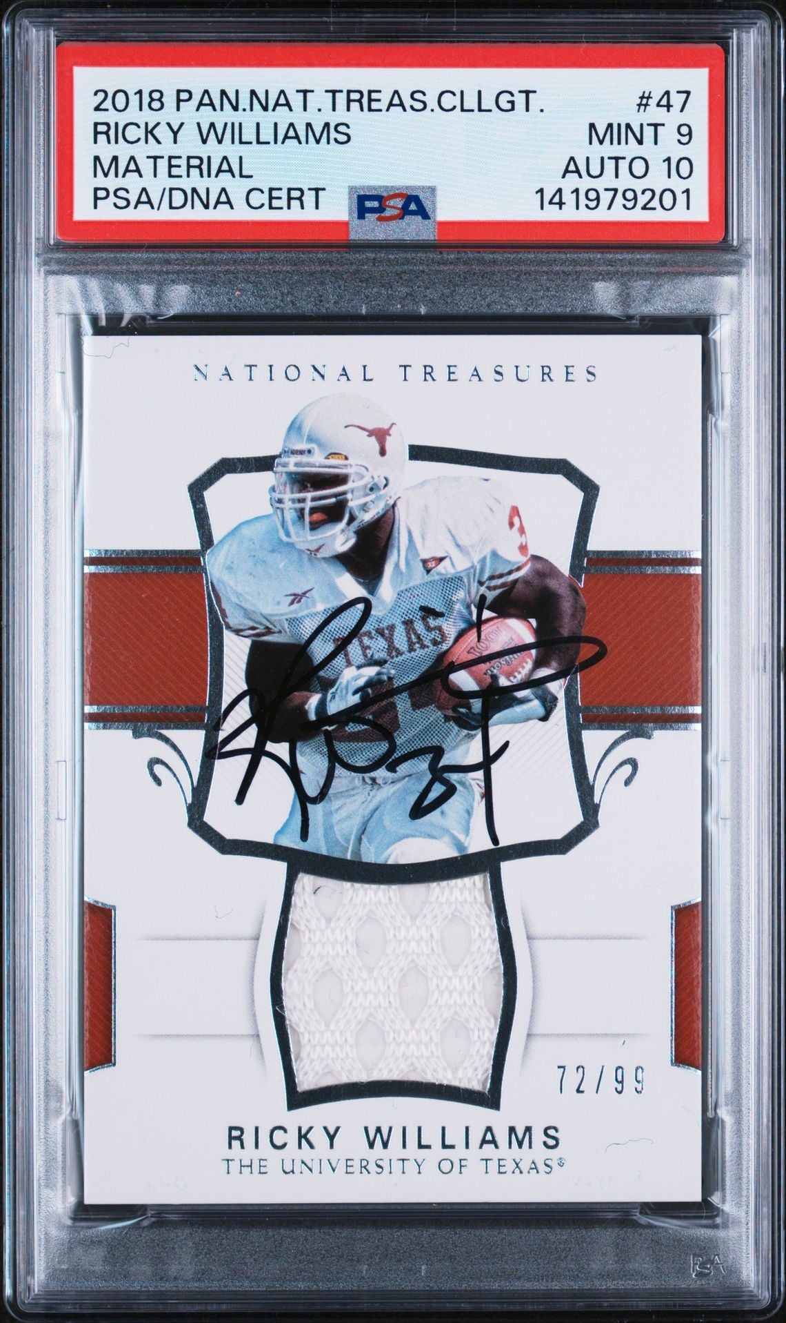 Carte de football dédicacée Ricky Williams 2018 Panini National Treasures Collegiate Material Game Used Jersey Patch #47 notée PSA 9 Auto 10 Cert #141979201 Série #72/99