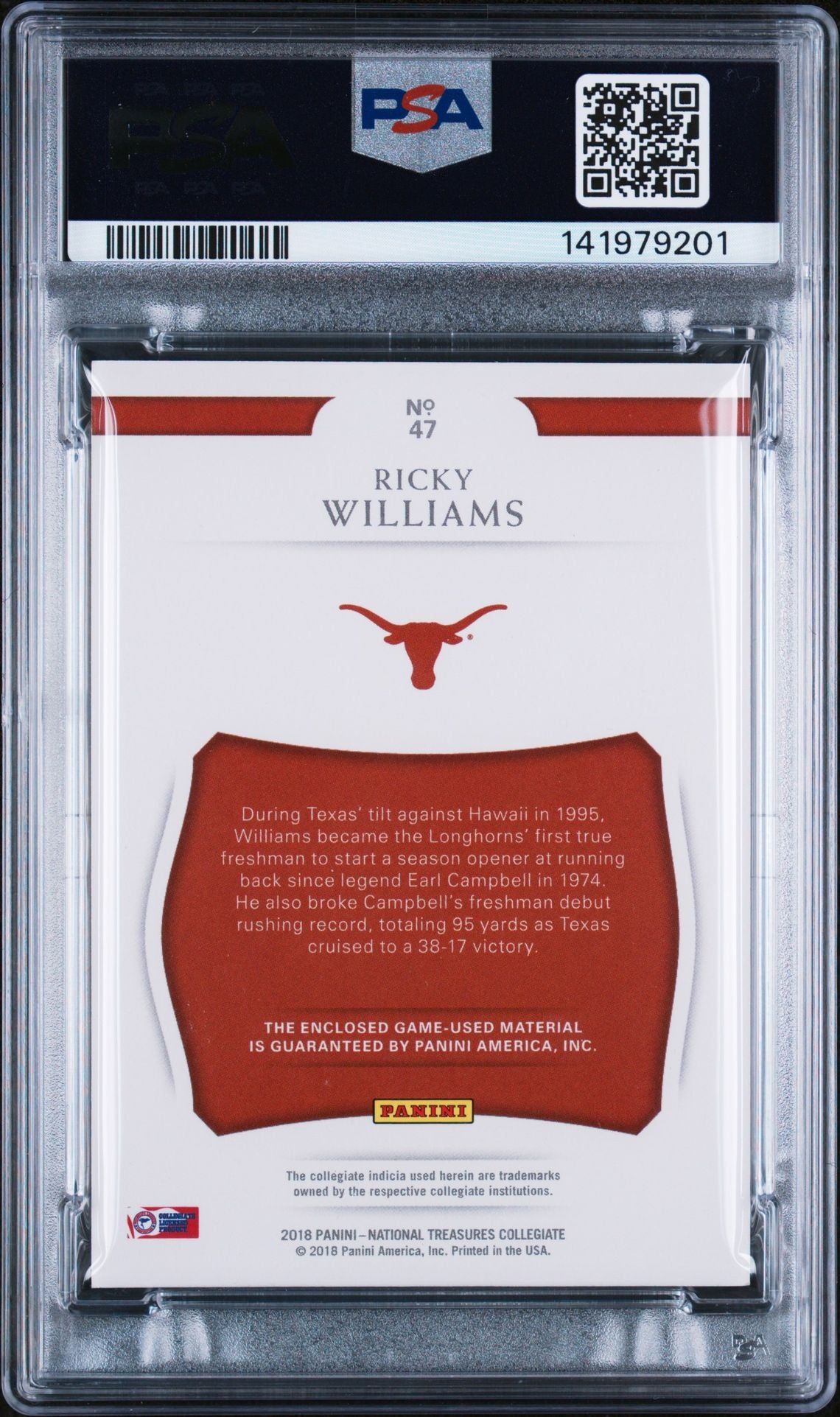 Ricky Williams 2018 Panini National Treasures Collegiate Material Game Used Jersey Patch Signed Football Card #47 Graded PSA 9 Auto 10 Cert #141979201 Serial #72/99-Powers Sports Memorabilia