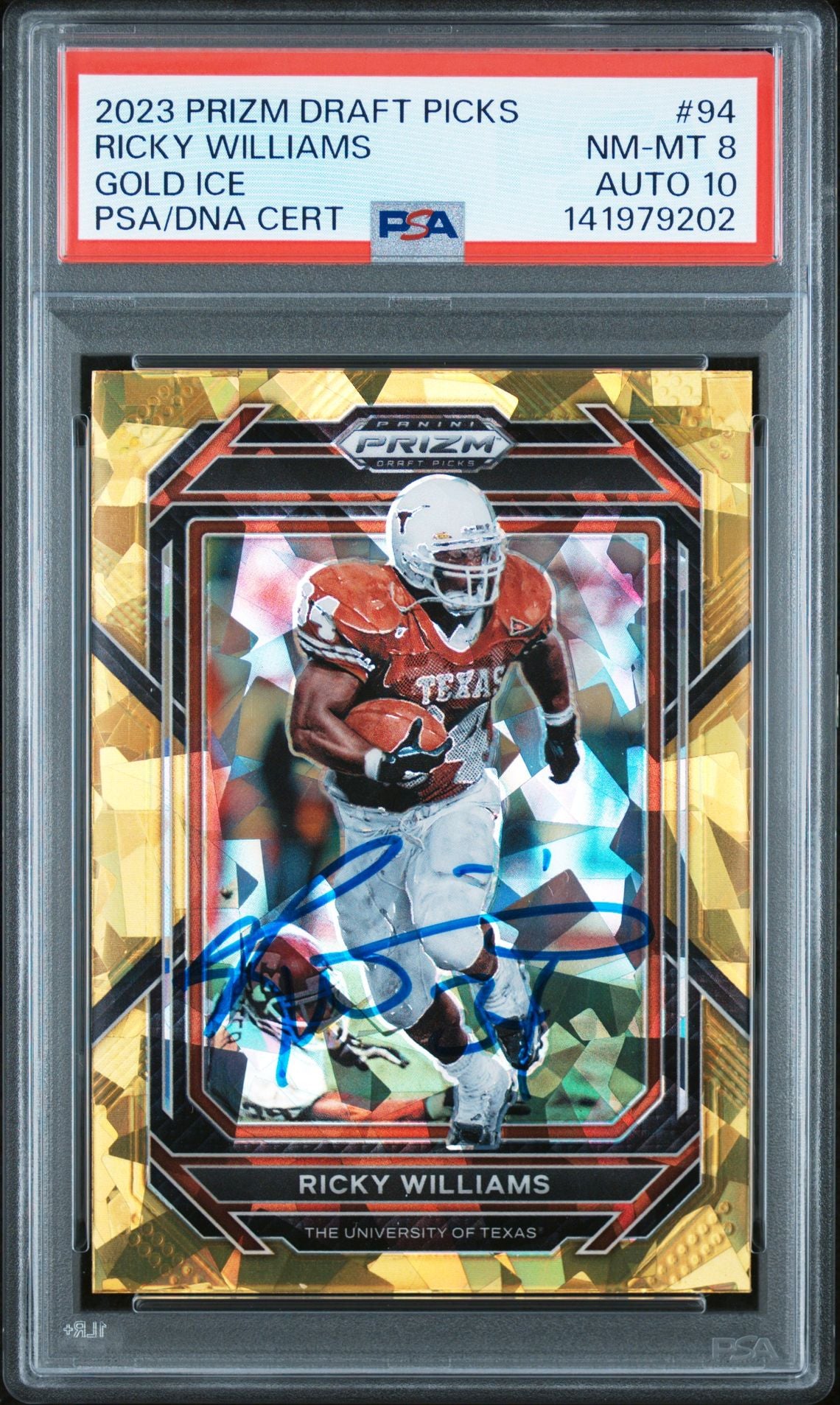 Ricky Williams 2023 Panini Prizm Draft Picks Gold Ice Signed Football Card #94 Graded PSA 8 Auto 10 Cert #141979202-Powers Sports Memorabilia