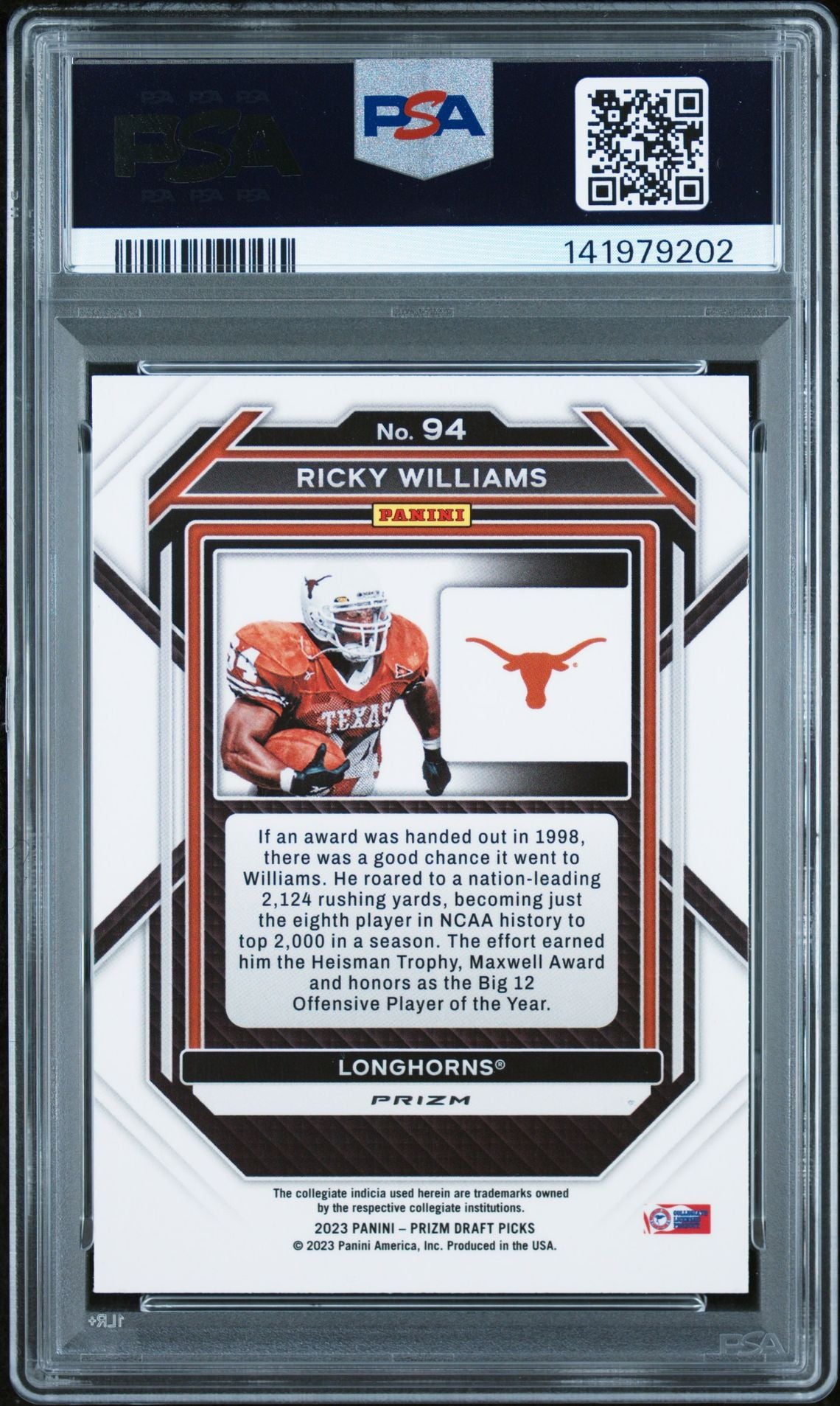 Ricky Williams 2023 Panini Prizm Draft Picks Gold Ice Signed Football Card #94 Graded PSA 8 Auto 10 Cert #141979202-Powers Sports Memorabilia