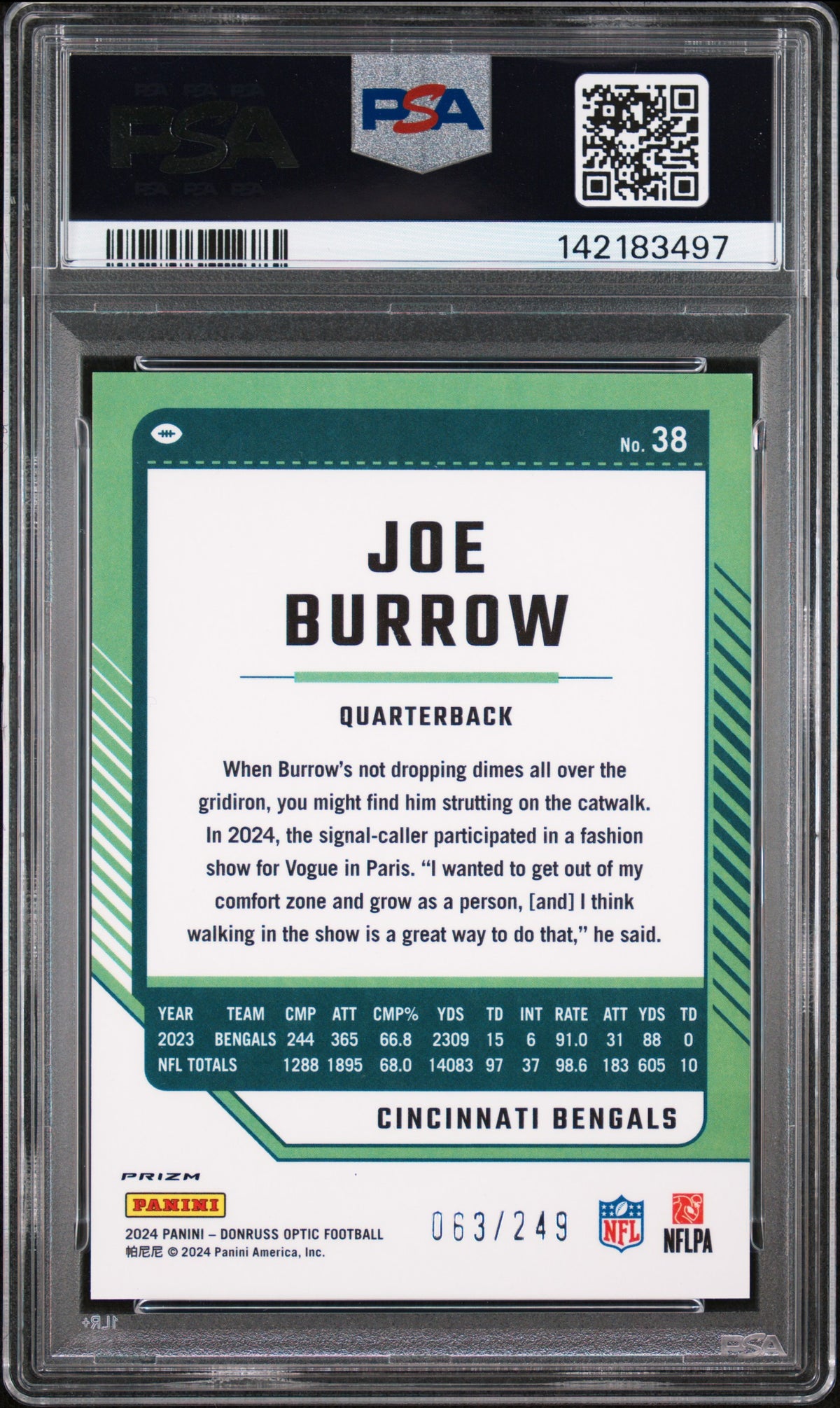 Joe Burrow 2024 Donruss Optic Orange Card #38 PSA 10 63/249