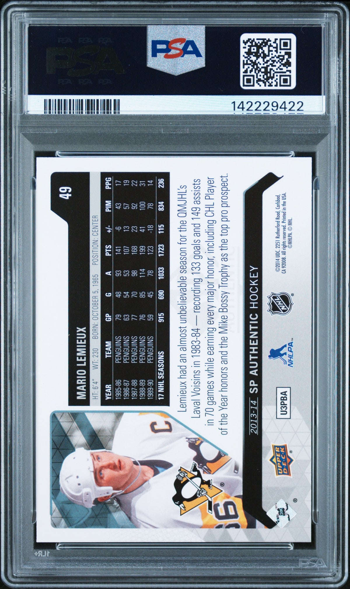 Mario Lemieux 2013 SP Authentic Hockey Card #49 Graded PSA 10 Cert #142229422-Powers Sports Memorabilia