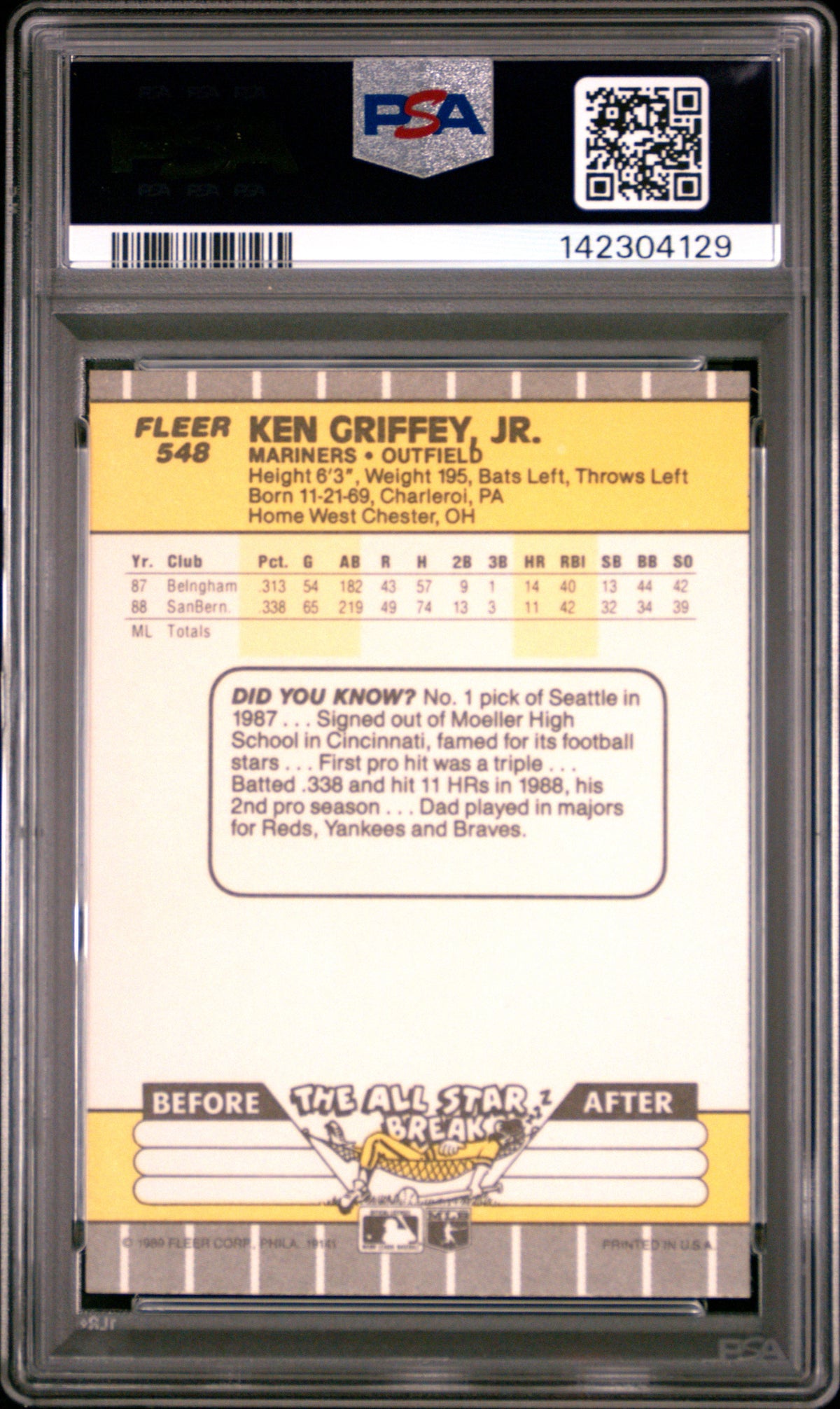 Ken Griffey Jr. 1989 Fleer Seattle Mariners Baseball RC Rookie Card #548 Graded PSA 9 Cert #142304129-Powers Sports Memorabilia