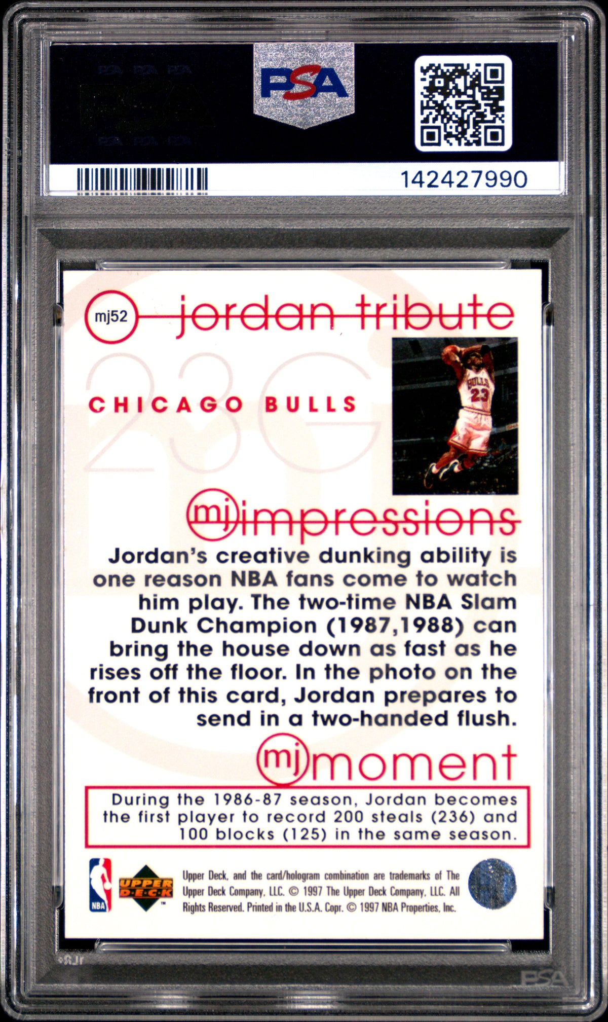 Michael Jordan 1996 Upper Deck Jordan Tribute Chicago Bulls Basketball Card #MJ52 MJ Impressions Graded PSA 8 Cert #142427990-Powers Sports Memorabilia