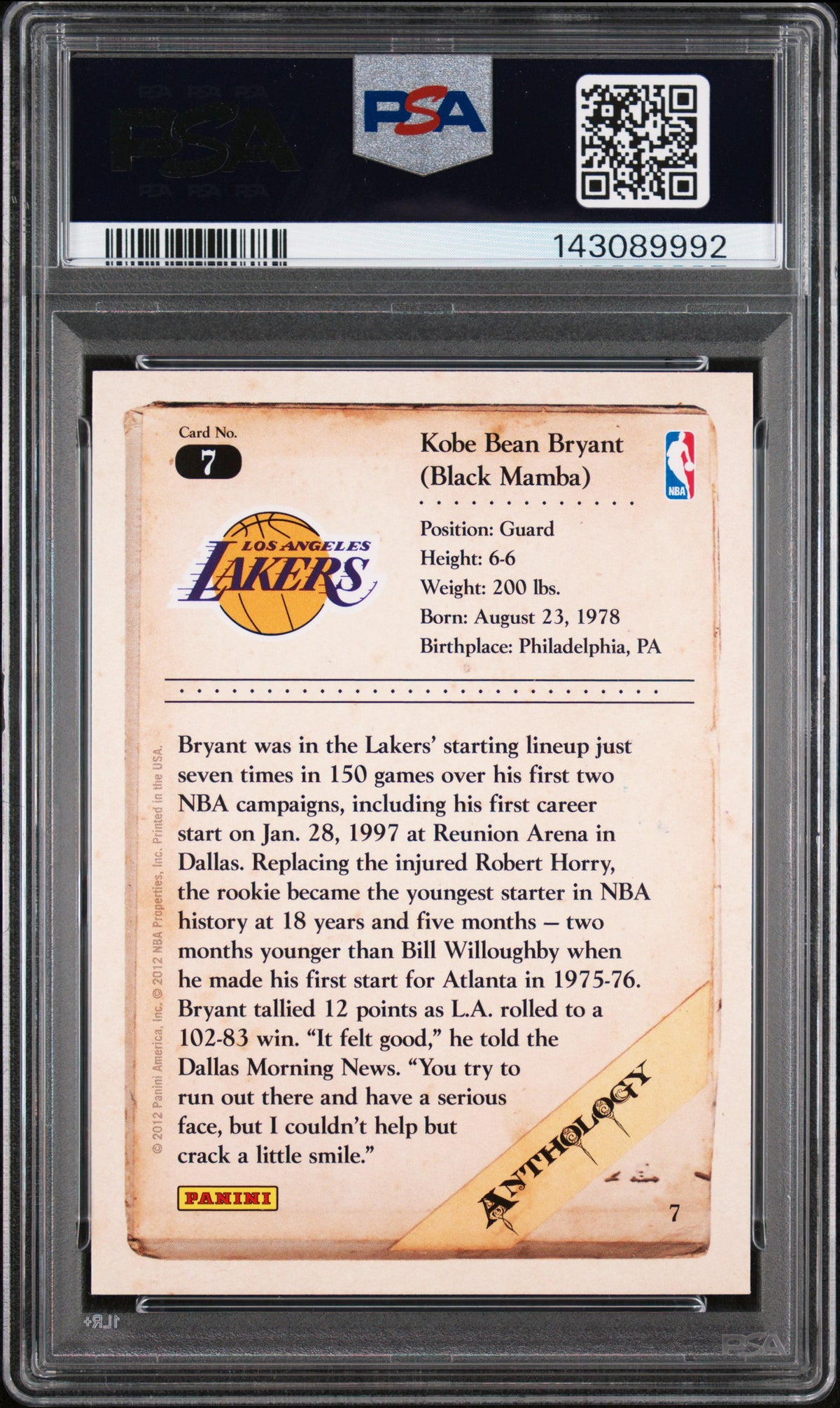 Kobe Bryant 2012 Panini Kobe Anthology Lakers Card #7 PSA 9