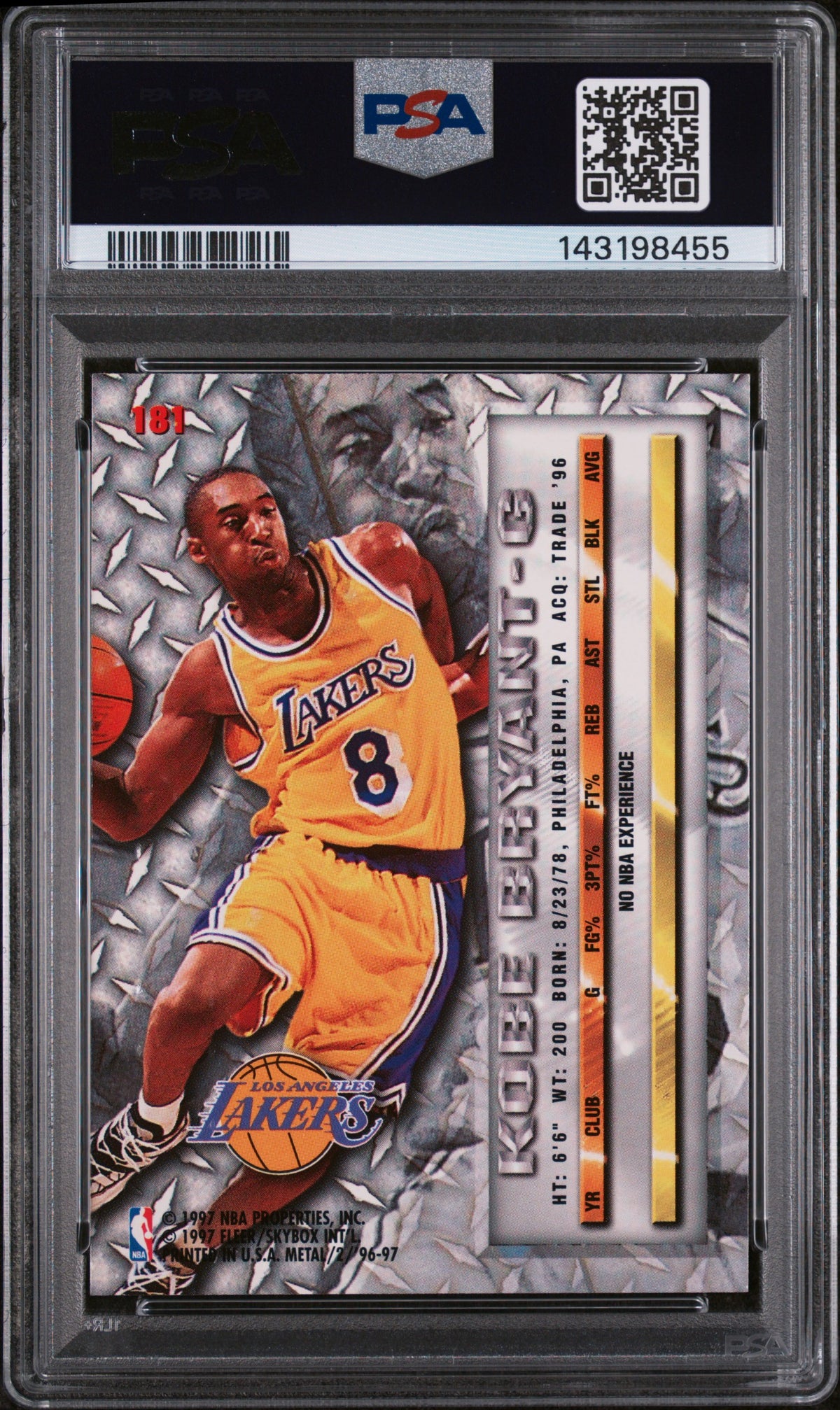 Kobe Bryant 1996 Fleer Metal Los Angeles Lakers Basketball RC Rookie Card #181 Graded PSA 8 Cert #143198455-Powers Sports Memorabilia