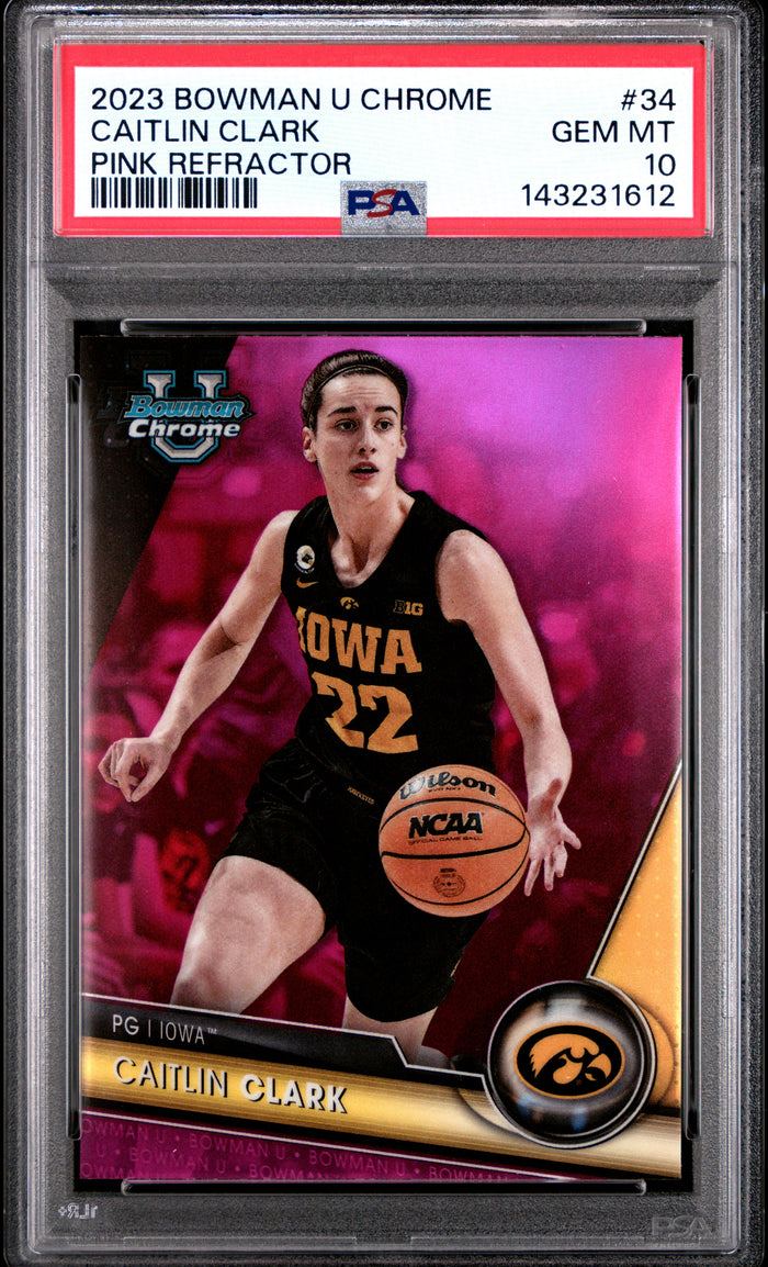 Caitlin Clark 2023 Bowman U Chrome Pink Refractor Iowa Hawkeyes Basketball Rookie Card #34 Graded PSA 10 Cert #143231612-Powers Sports Memorabilia