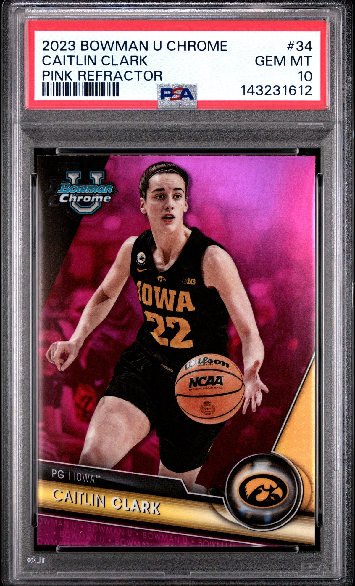 Caitlin Clark 2023 Bowman U Chrome Pink Refractor Iowa Hawkeyes Basketball Rookie Card #34 Graded PSA 10 Cert #143231612-Powers Sports Memorabilia