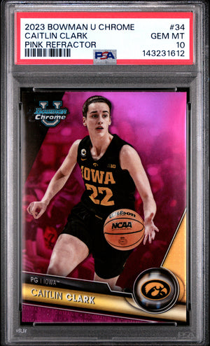 Caitlin Clark 2023 Bowman U Chrome Pink Refractor Iowa Hawkeyes Basketball Rookie Card #34 Graded PSA 10 Cert #143231612-Powers Sports Memorabilia