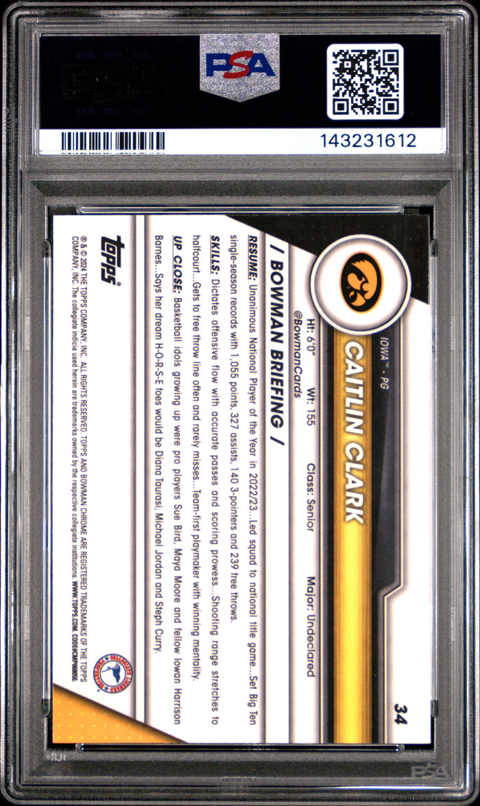 Caitlin Clark 2023 Bowman U Chrome Pink Refractor Iowa Hawkeyes Basketball Rookie Card #34 Graded PSA 10 Cert #143231612-Powers Sports Memorabilia