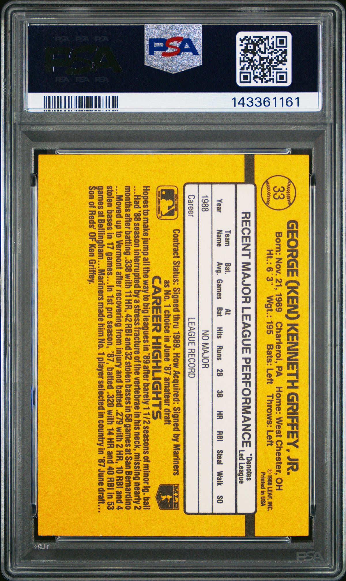 Ken Griffey Jr. 1989 Donruss Rated Rookie Seattle Mariners Baseball RC Rookie Card #33 Graded PSA 9 Cert #143361161-Powers Sports Memorabilia