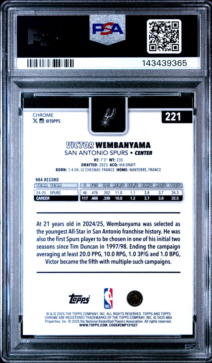 Victor Wembanyama 2025 Topps Chrome Basketball Card #221 Graded PSA 10 Cert #143439365-Powers Sports Memorabilia